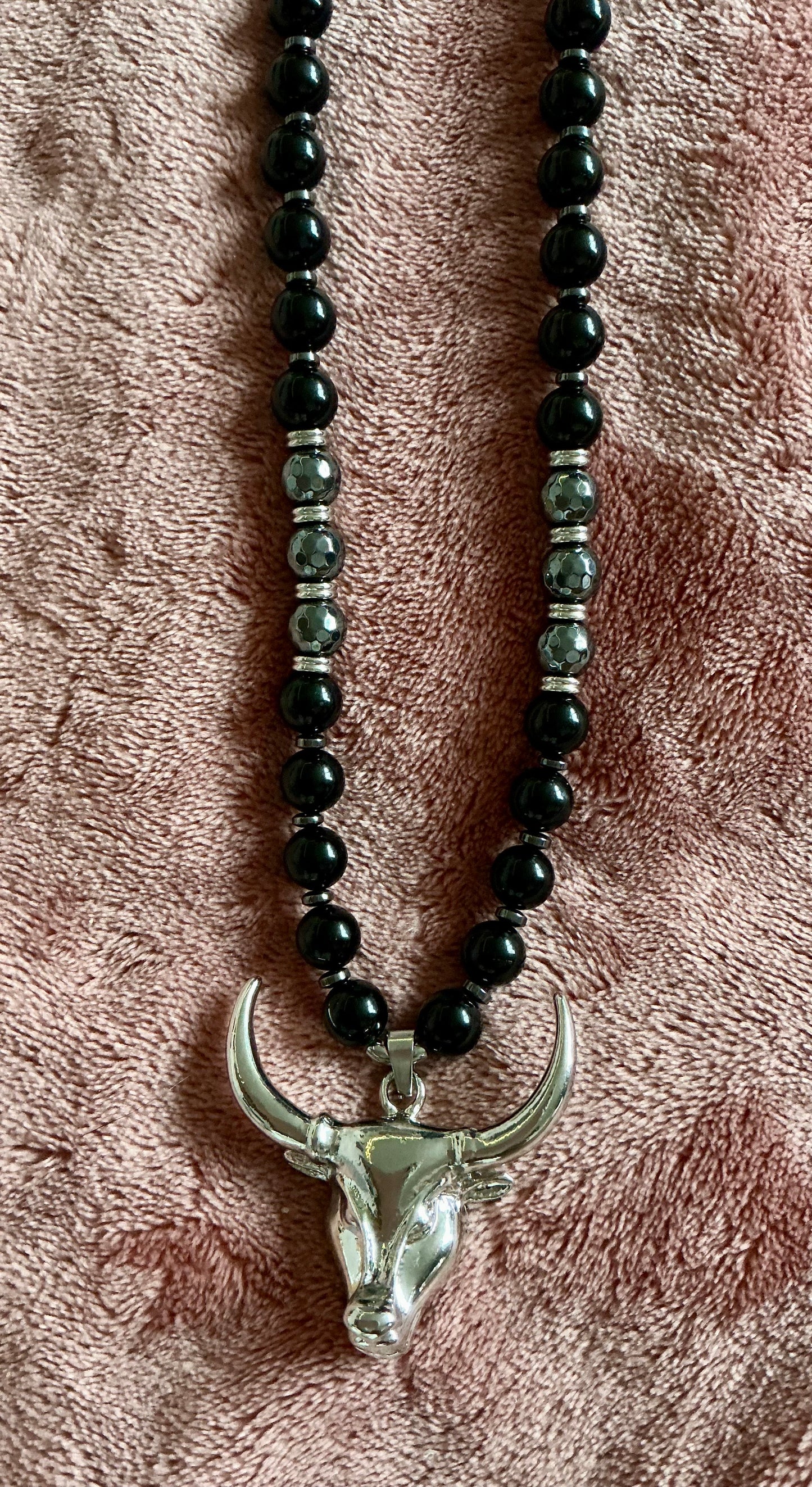 Obsidian & Hematite Beaded Necklace with Bull Pendant – Handmade Protection Jewelry