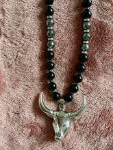 Obsidian & Hematite Beaded Necklace with Bull Pendant – Handmade Protection Jewelry