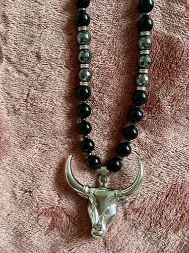 Obsidian & Hematite Beaded Necklace with Bull Pendant – Handmade Protection Jewelry