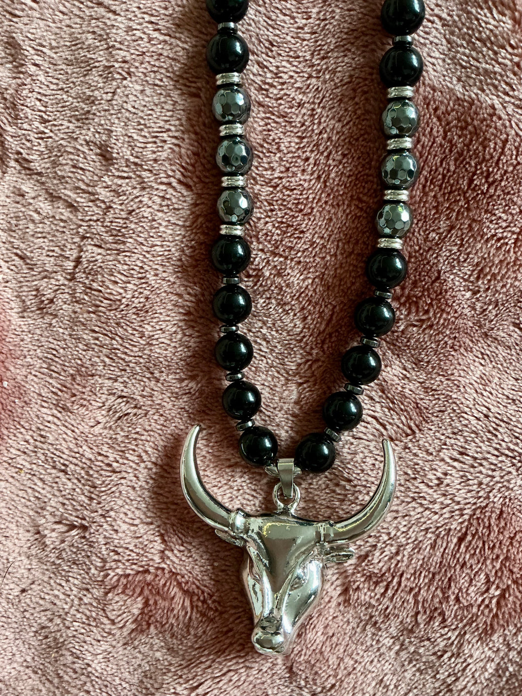 Obsidian & Hematite Beaded Necklace with Bull Pendant – Handmade Protection Jewelry