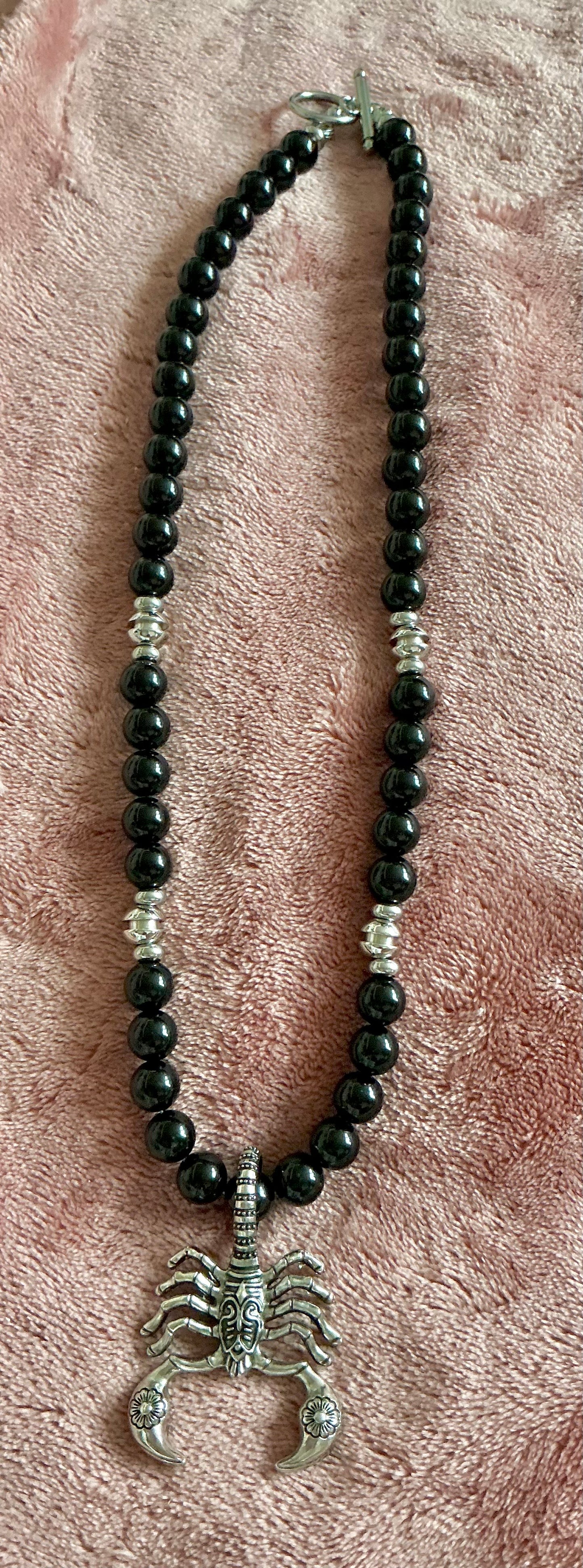 Handmade Obsidian Beaded Necklace with Scorpion Pendant