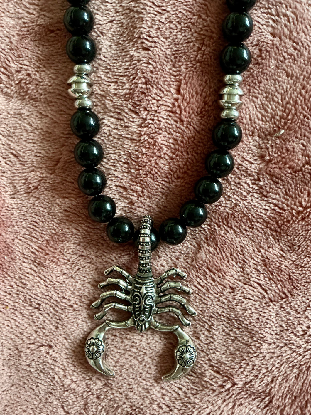 Handmade Obsidian Beaded Necklace with Scorpion Pendant