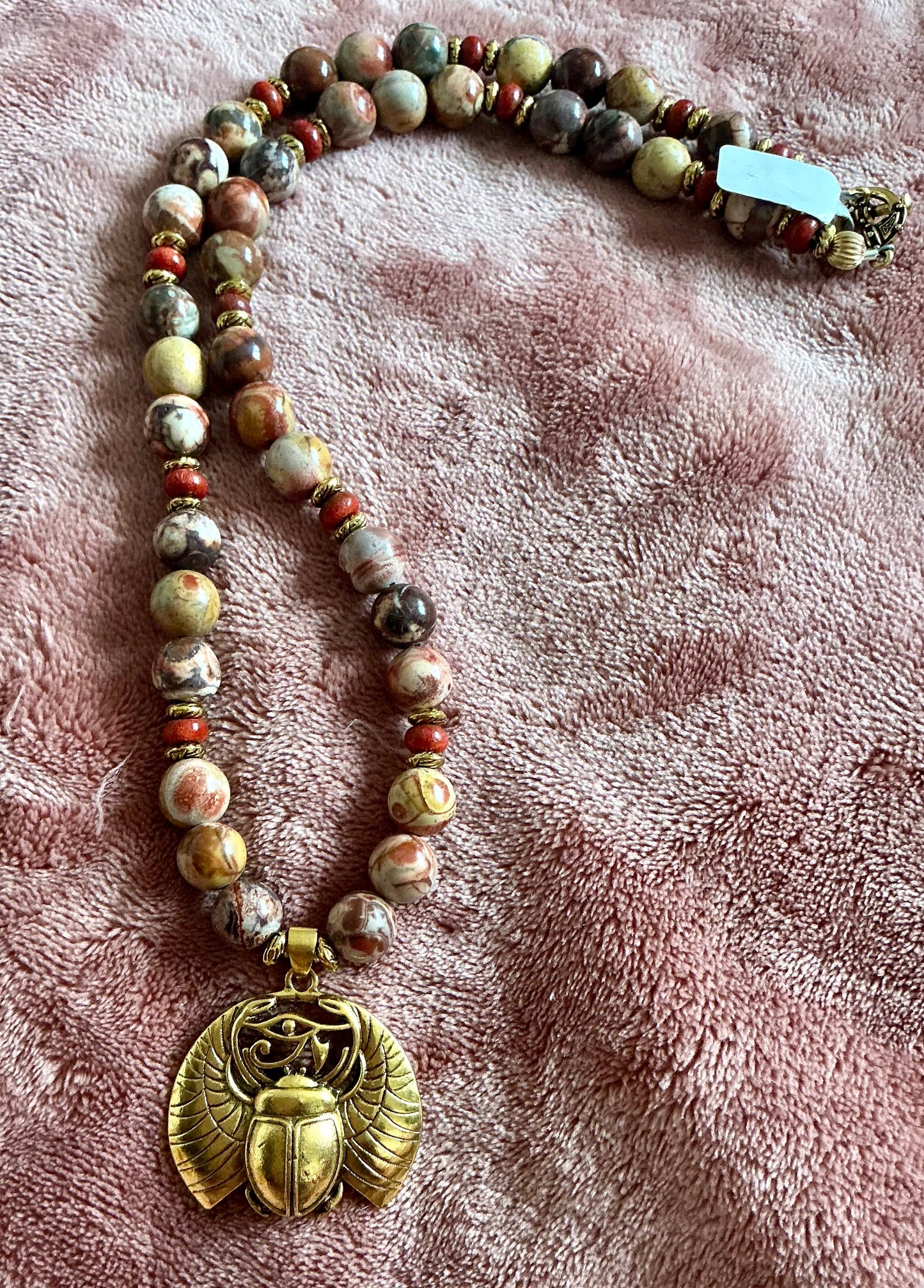 Red Creek Jasper Beaded Necklace with Winged Khper (Scarab)