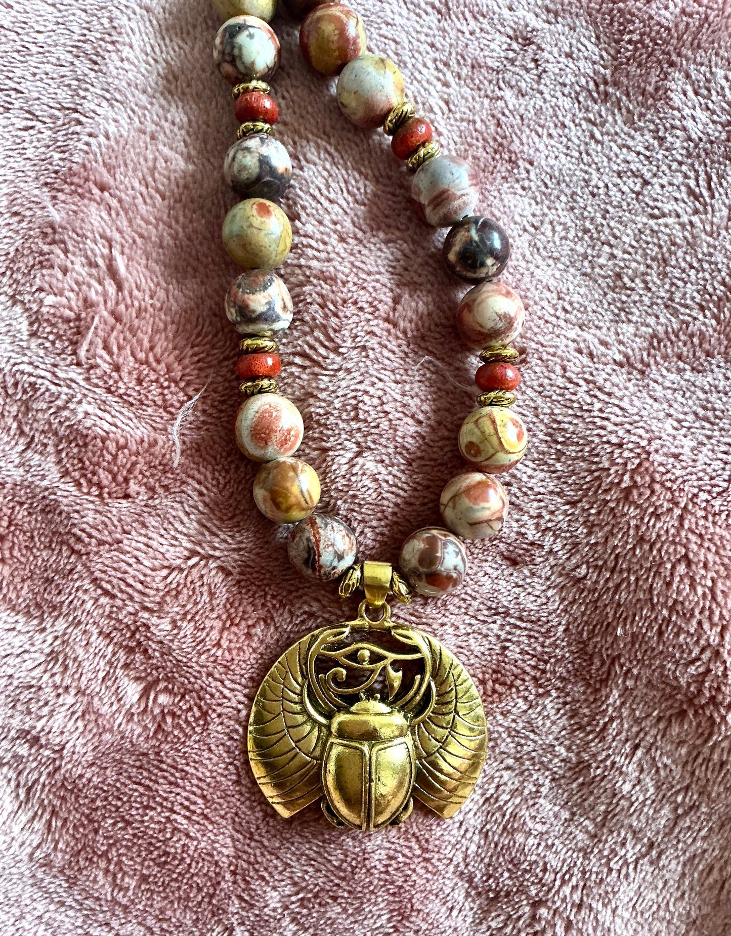 Red Creek Jasper Beaded Necklace with Winged Khper (Scarab)