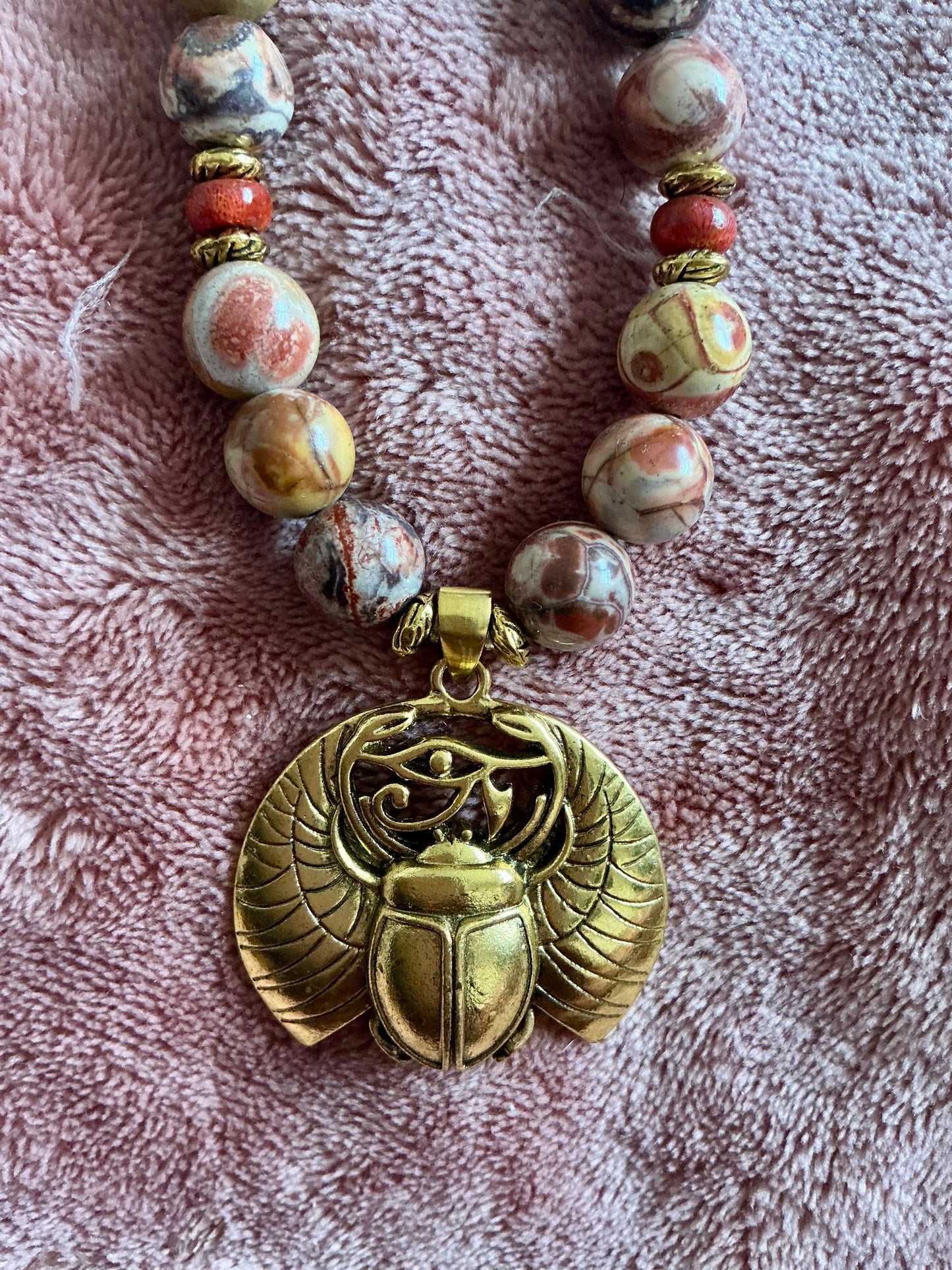 Red Creek Jasper Beaded Necklace with Winged Khper (Scarab)