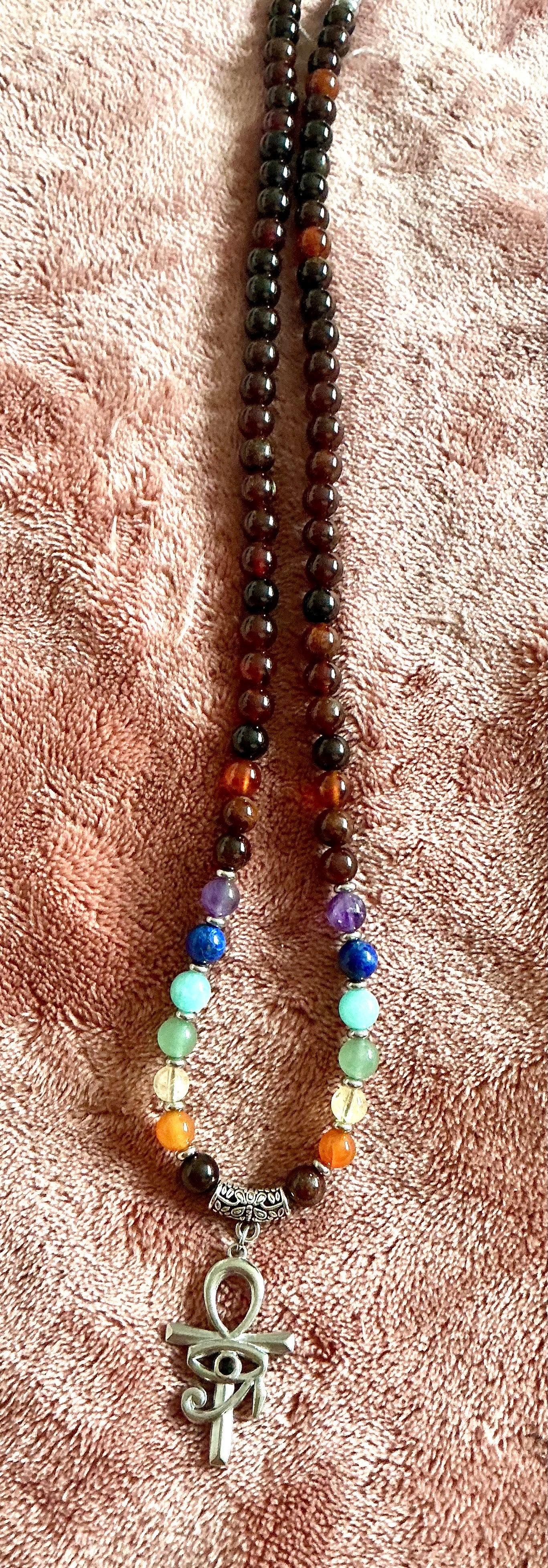 Garnet With 7 Chakra Ankh & Eye of Ra Hand Made Necklace