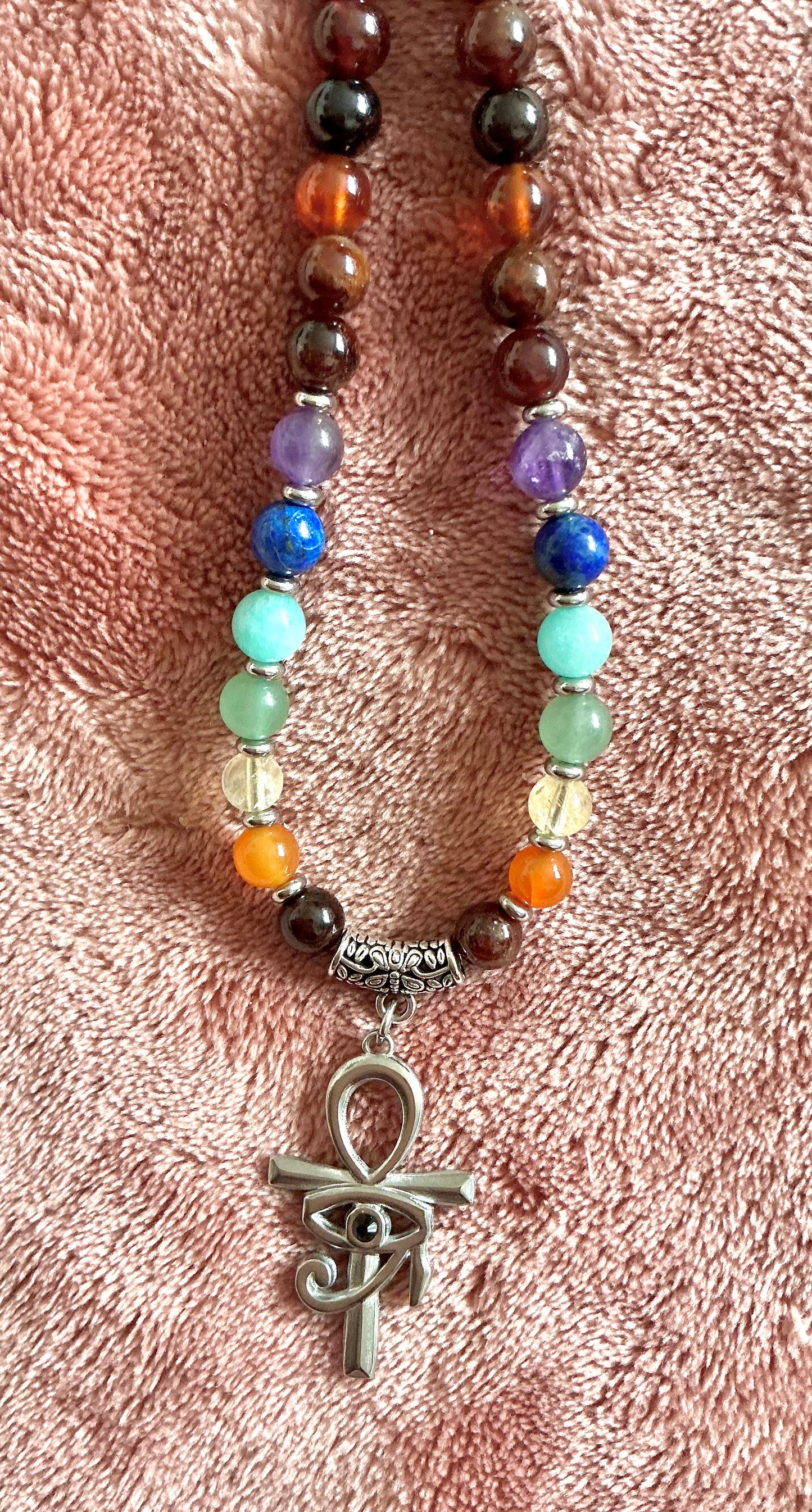 Garnet With 7 Chakra Ankh & Eye of Ra Hand Made Necklace