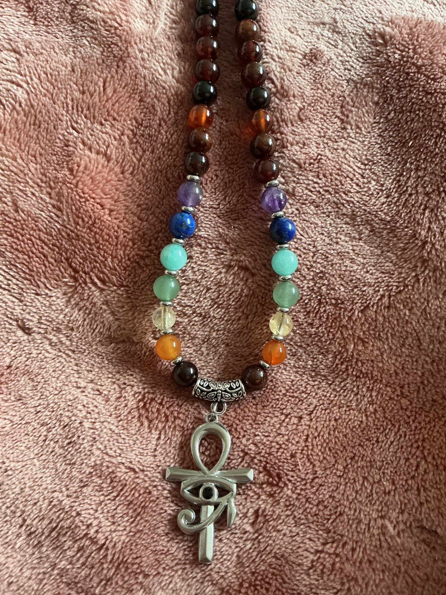 Garnet With 7 Chakra Ankh & Eye of Ra Hand Made Necklace