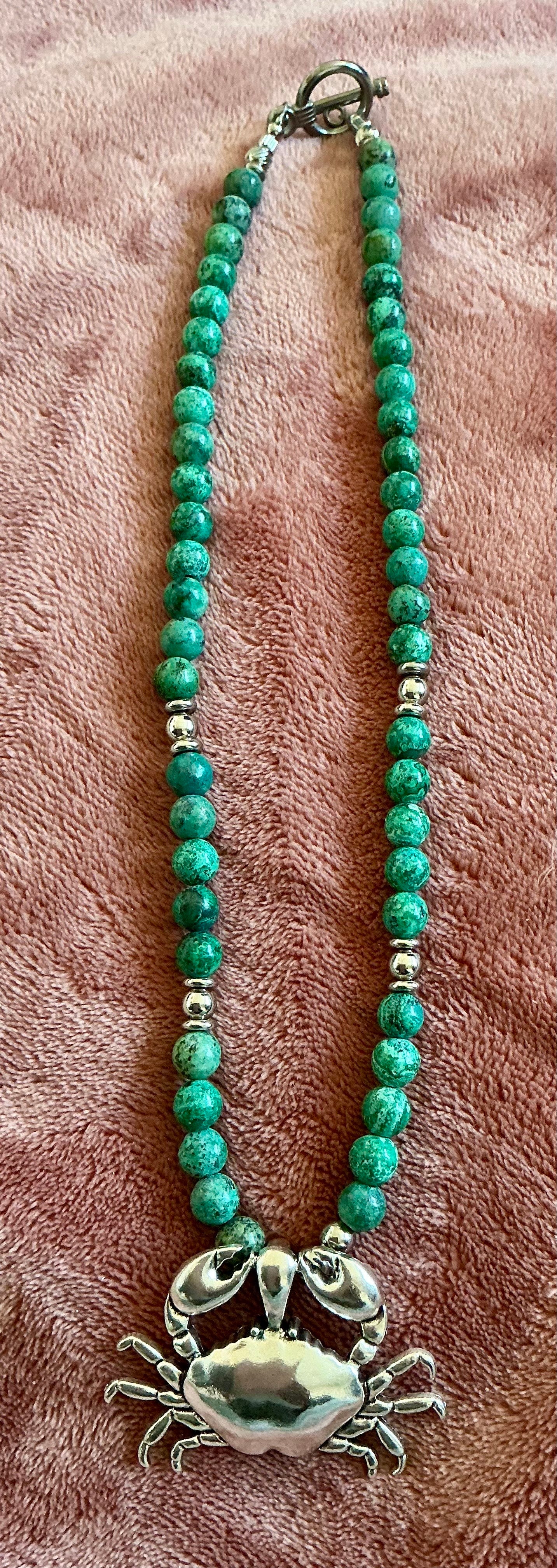 Chrysocolla Beaded Necklace with Cancer Crab Pendant