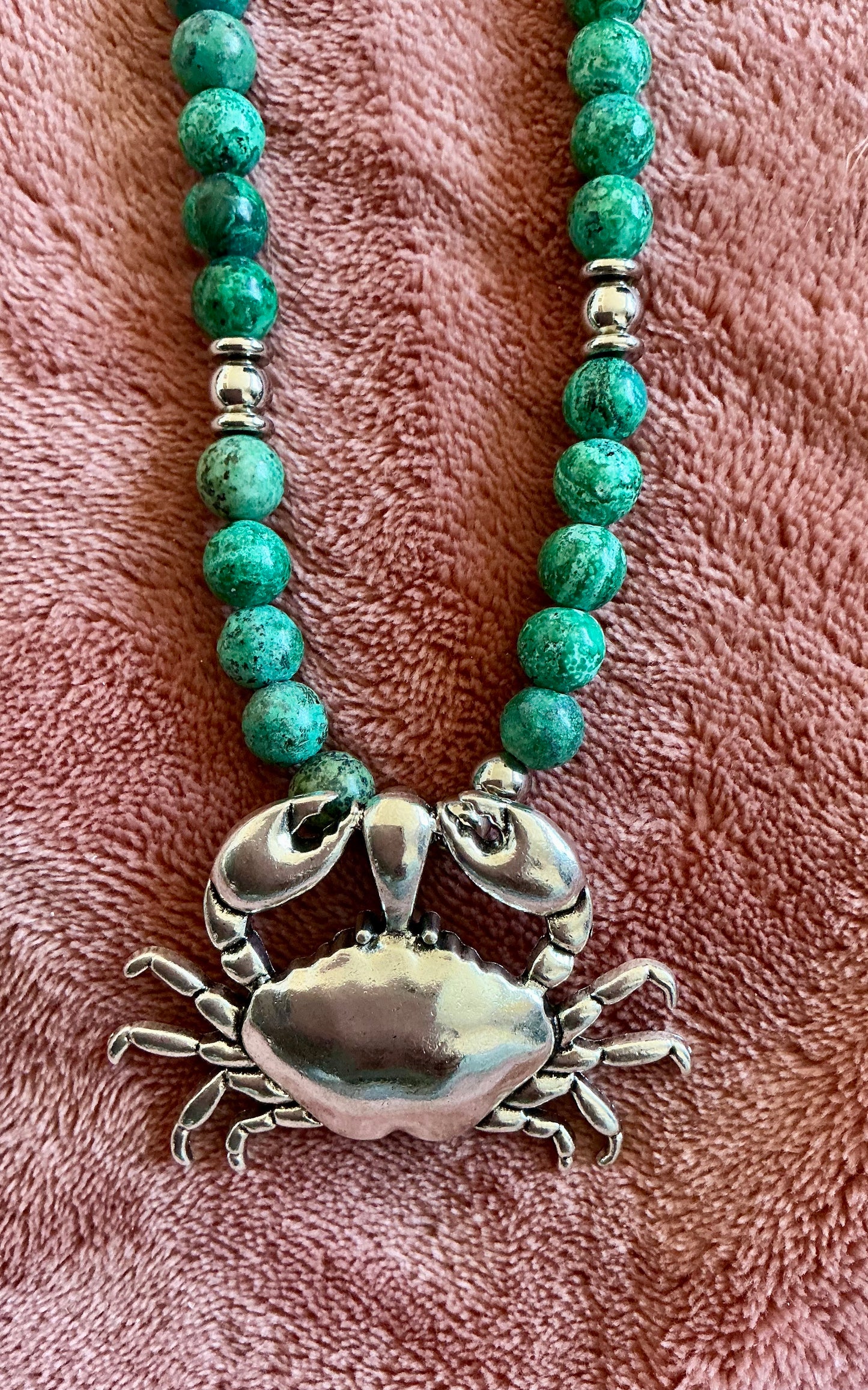 Chrysocolla Beaded Necklace with Cancer Crab Pendant