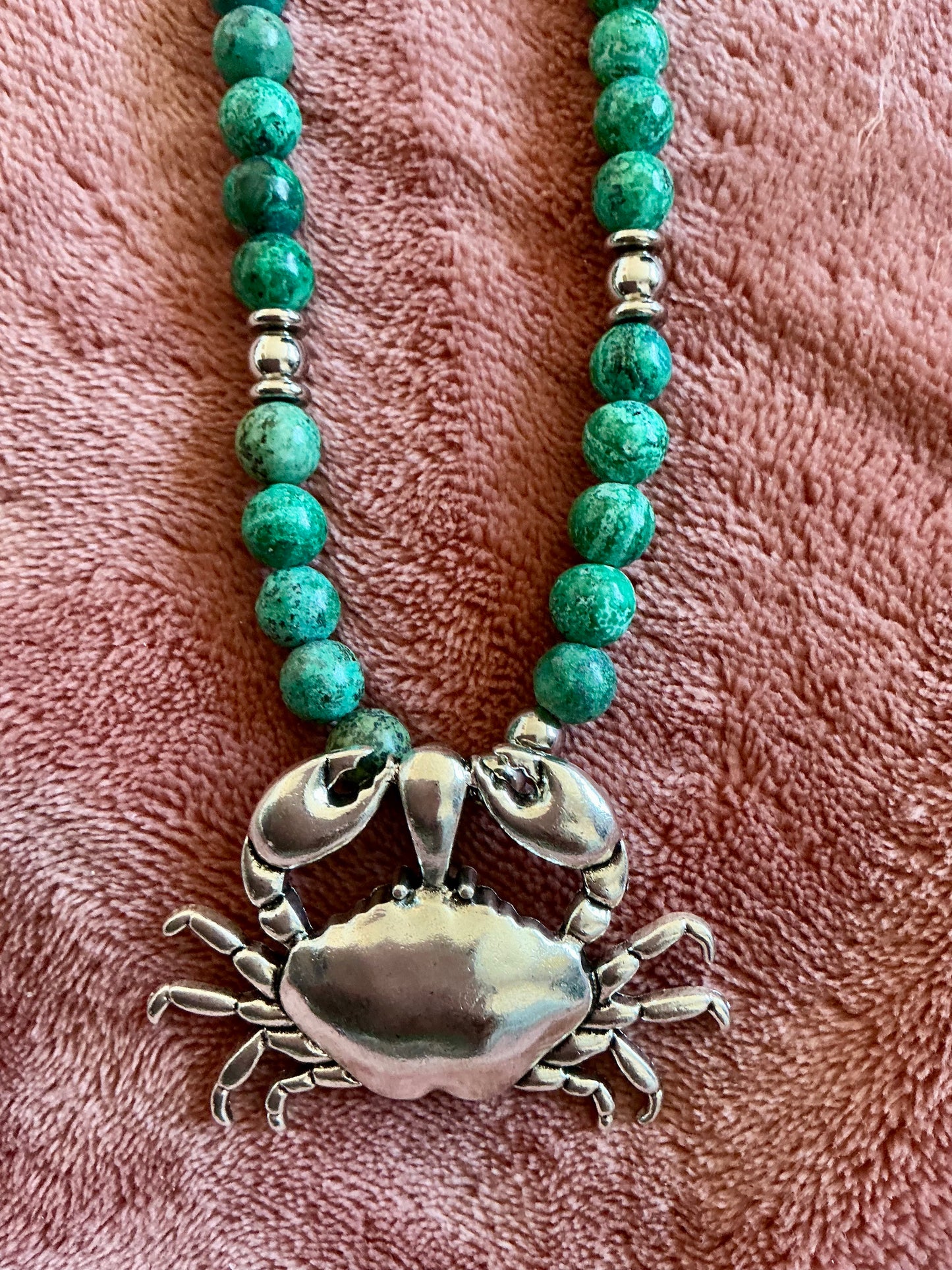 Chrysocolla Beaded Necklace with Cancer Crab Pendant