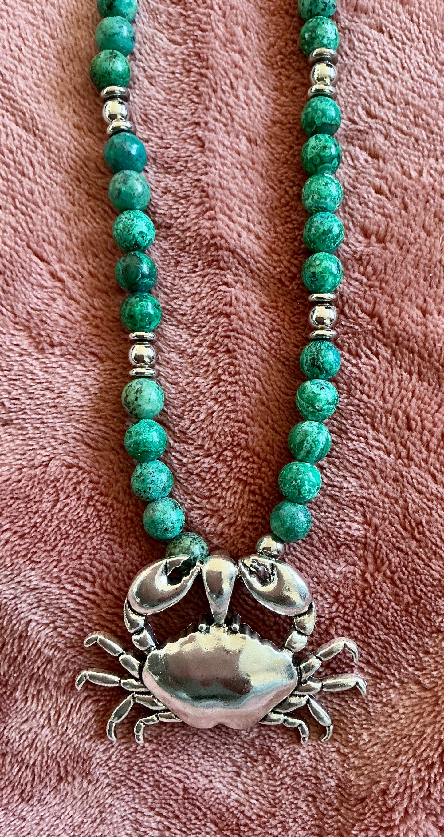 Chrysocolla Beaded Necklace with Cancer Crab Pendant
