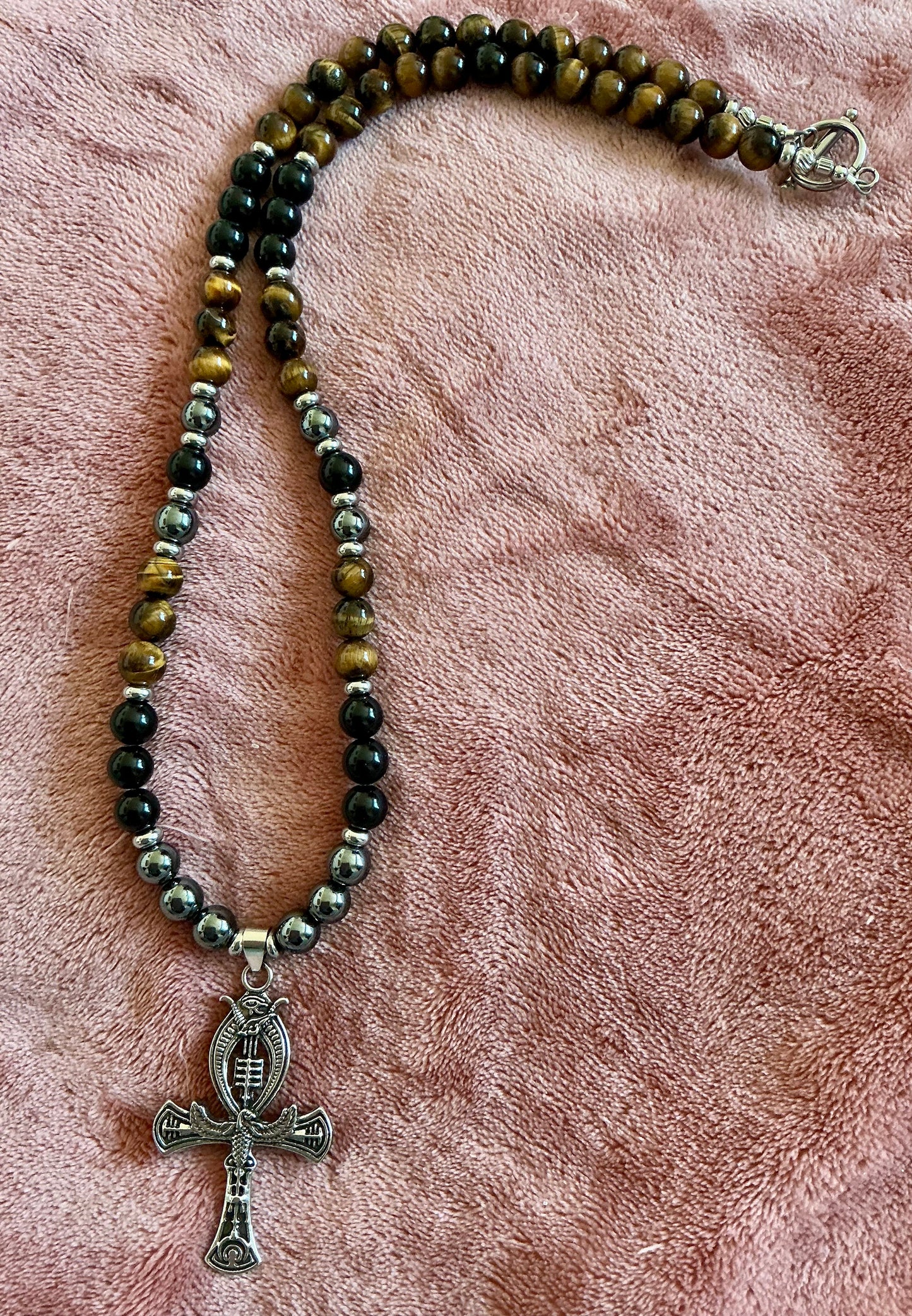 Djed • Ankh • Was Necklace with Hematite, Tiger’s Eye & Obsidian– Handmade Protection and Ancestral Power Talisman