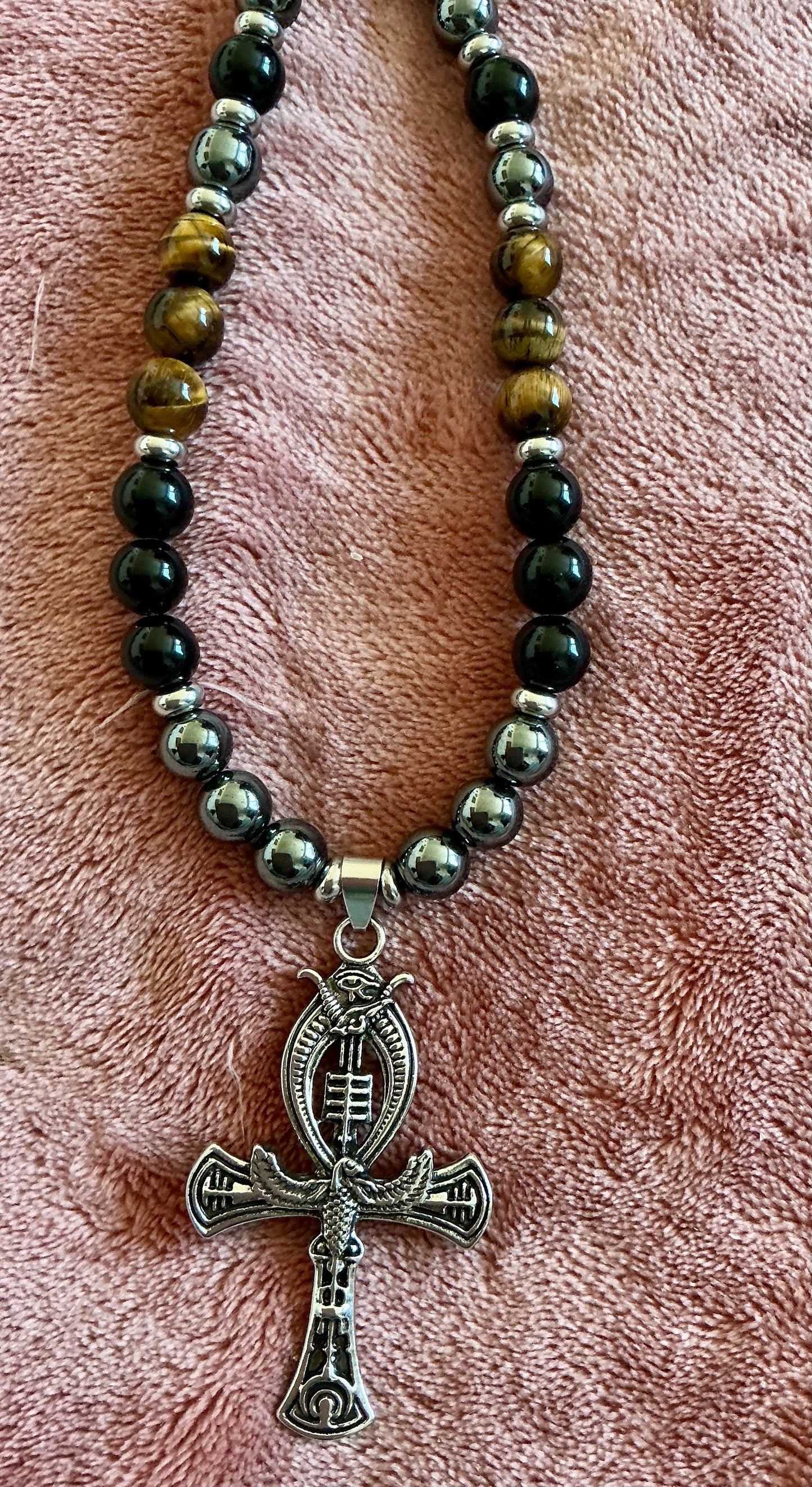 Djed • Ankh • Was Necklace with Hematite, Tiger’s Eye & Obsidian– Handmade Protection and Ancestral Power Talisman