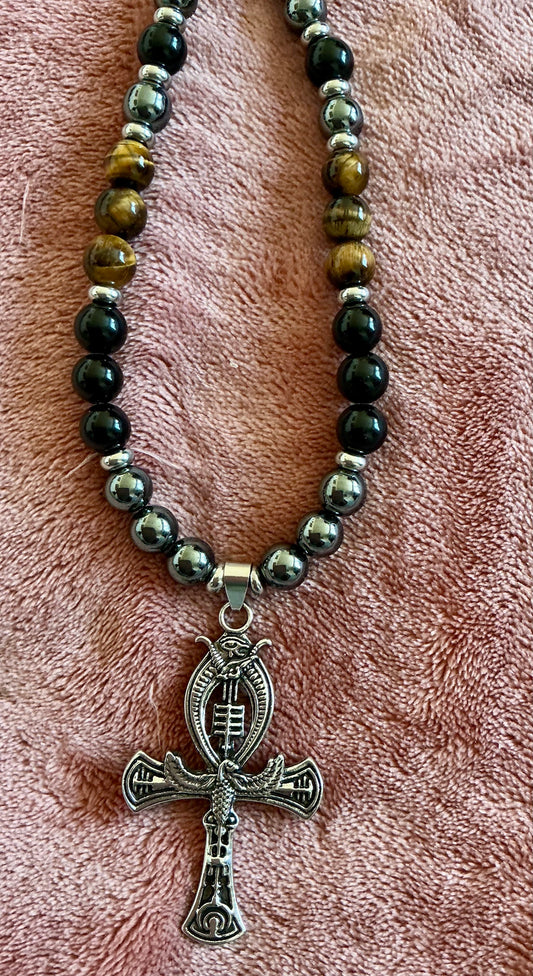 Djed • Ankh • Was Necklace with Hematite, Tiger’s Eye & Obsidian– Handmade Protection and Ancestral Power Talisman