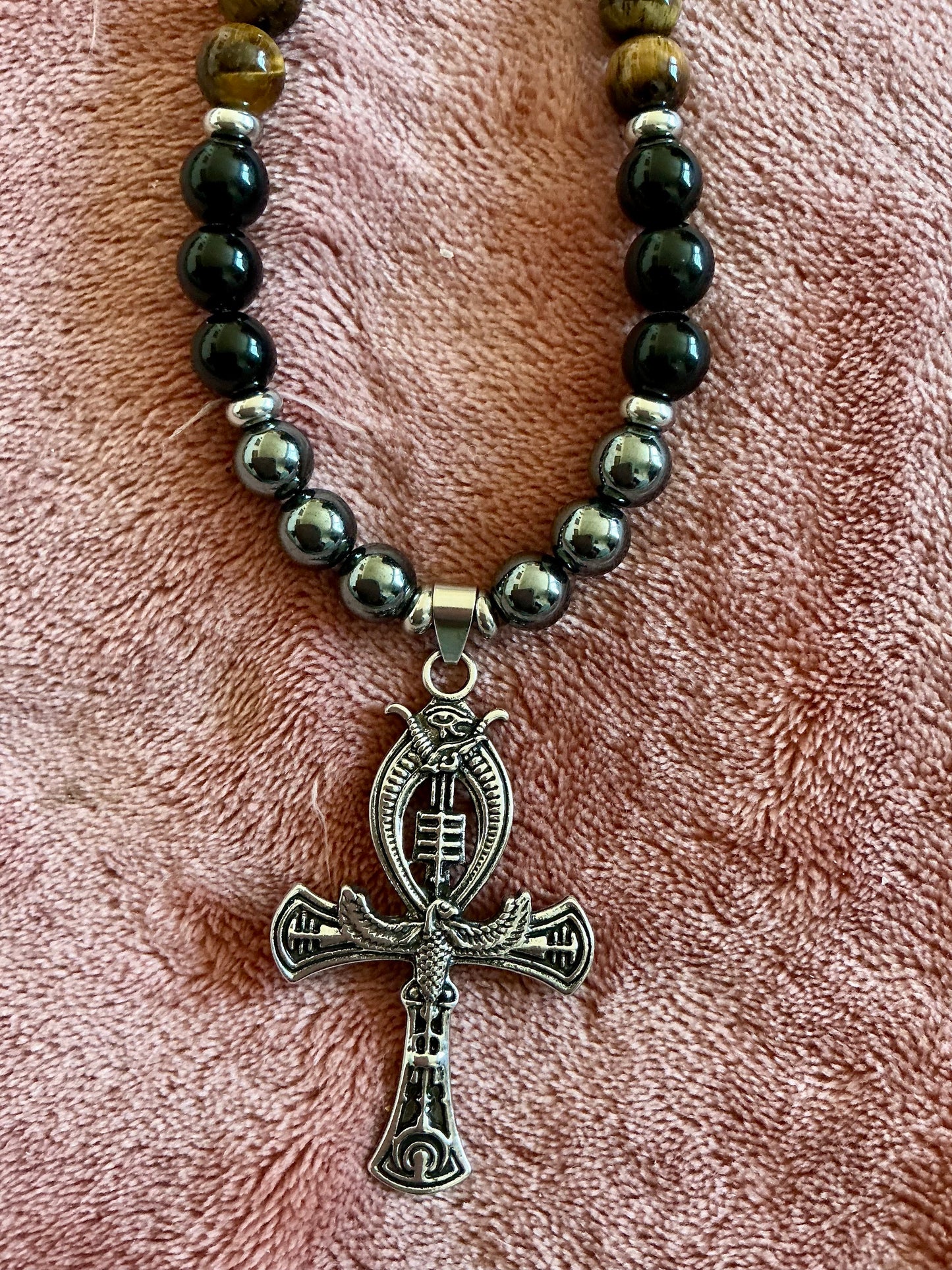 Djed • Ankh • Was Necklace with Hematite, Tiger’s Eye & Obsidian– Handmade Protection and Ancestral Power Talisman