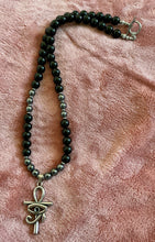 Obsidian & Hematite Beaded Necklace with Ankh + Eye of Ra Pendant – Handmade Protection Jewelry