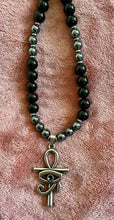 Obsidian & Hematite Beaded Necklace with Ankh + Eye of Ra Pendant – Handmade Protection Jewelry