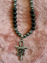 Obsidian & Hematite Beaded Necklace with Ankh + Eye of Ra Pendant – Handmade Protection Jewelry