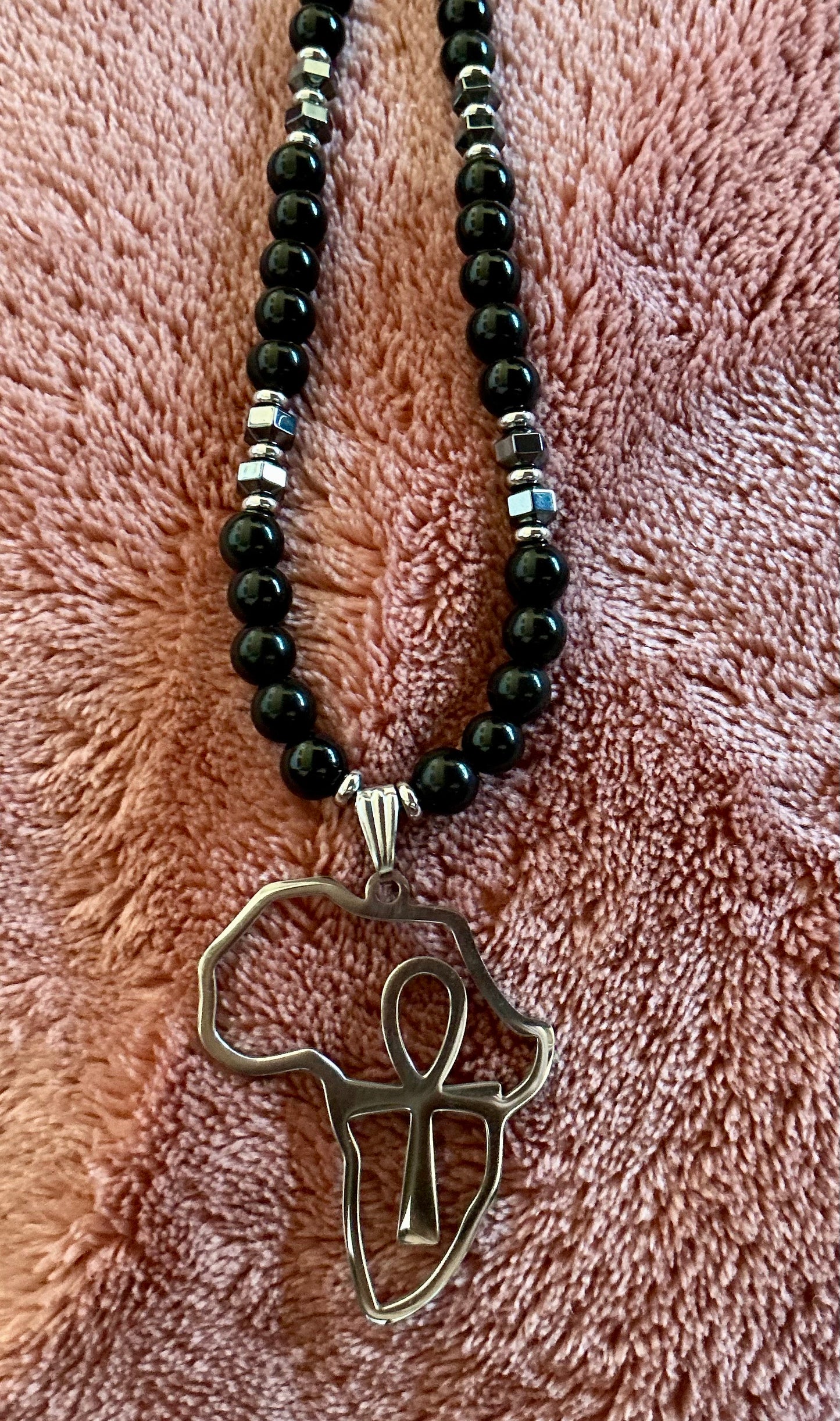 Obsidian with Hematite Africa with Ankh Pendant Necklace