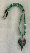 African Turquoise & Black Tourmaline Beaded Necklace with Winged Bastet Pendant