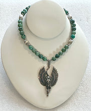 African Turquoise & Black Tourmaline Beaded Necklace with Winged Bastet Pendant