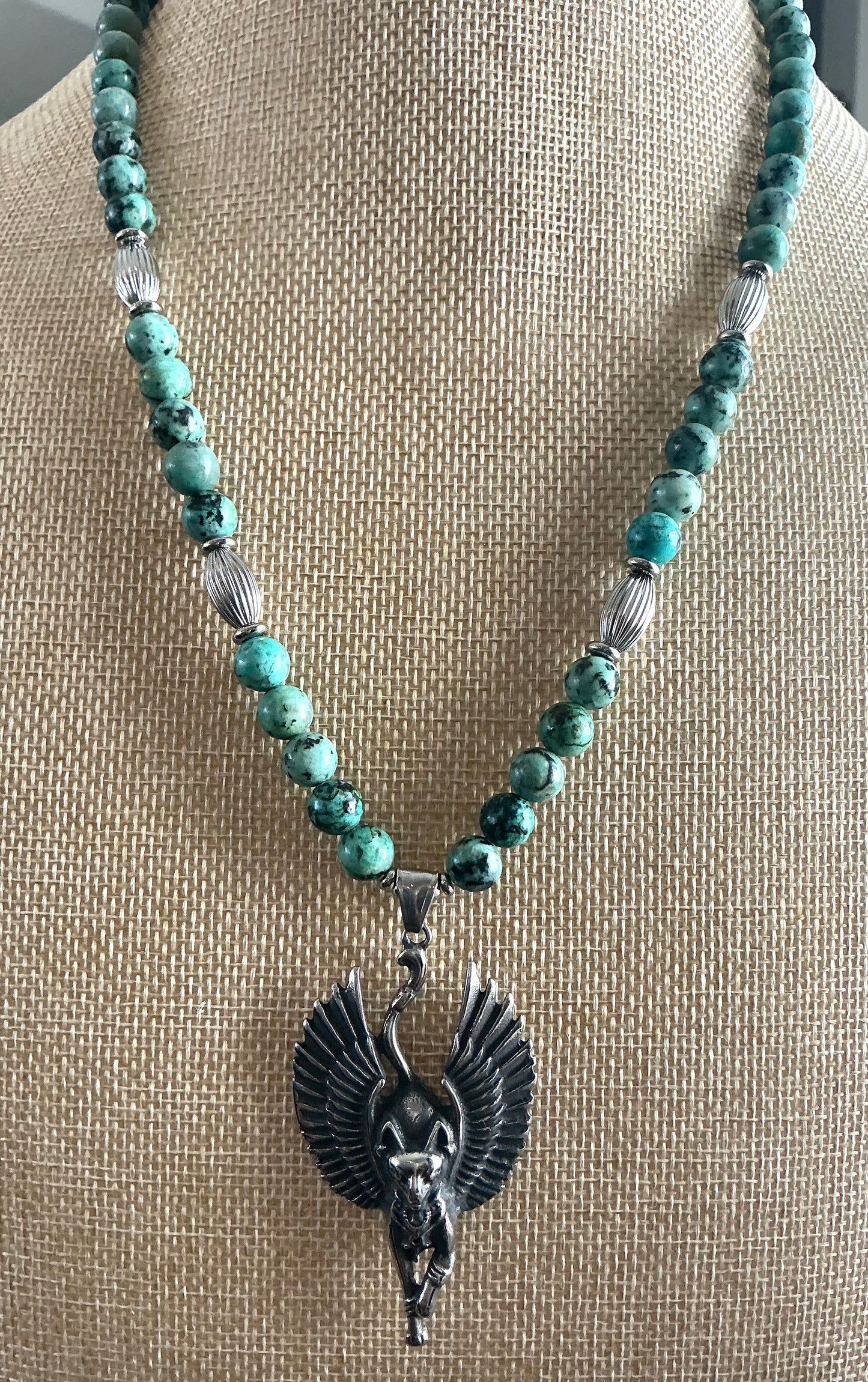 African Turquoise & Black Tourmaline Beaded Necklace with Winged Bastet Pendant