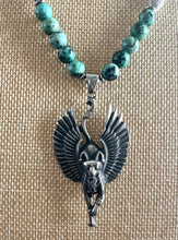 African Turquoise & Black Tourmaline Beaded Necklace with Winged Bastet Pendant