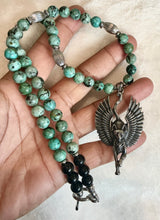 African Turquoise & Black Tourmaline Beaded Necklace with Winged Bastet Pendant