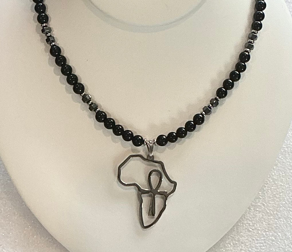 Obsidian with Hematite Africa with Ankh Pendant Necklace