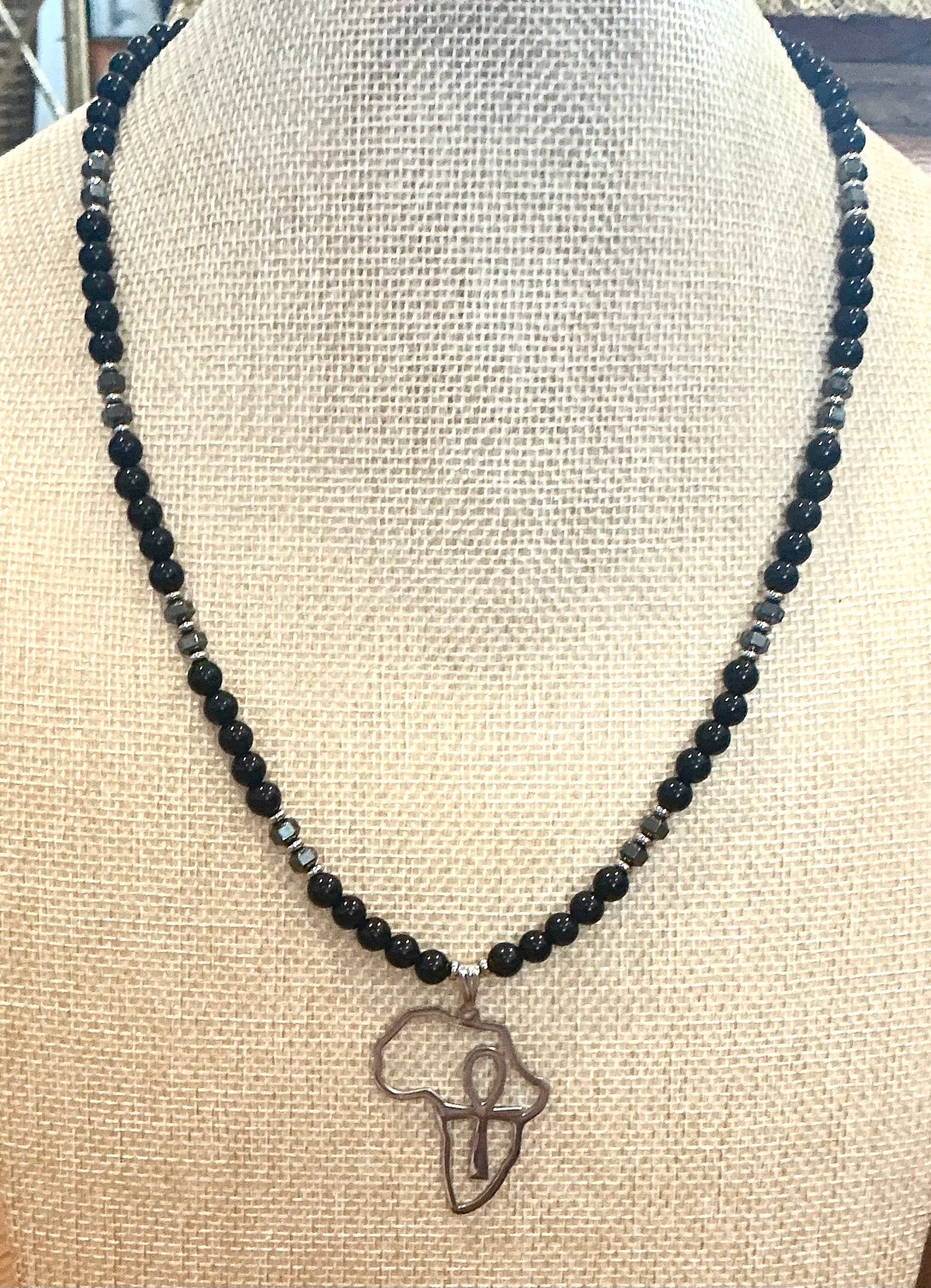 Obsidian with Hematite Africa with Ankh Pendant Necklace