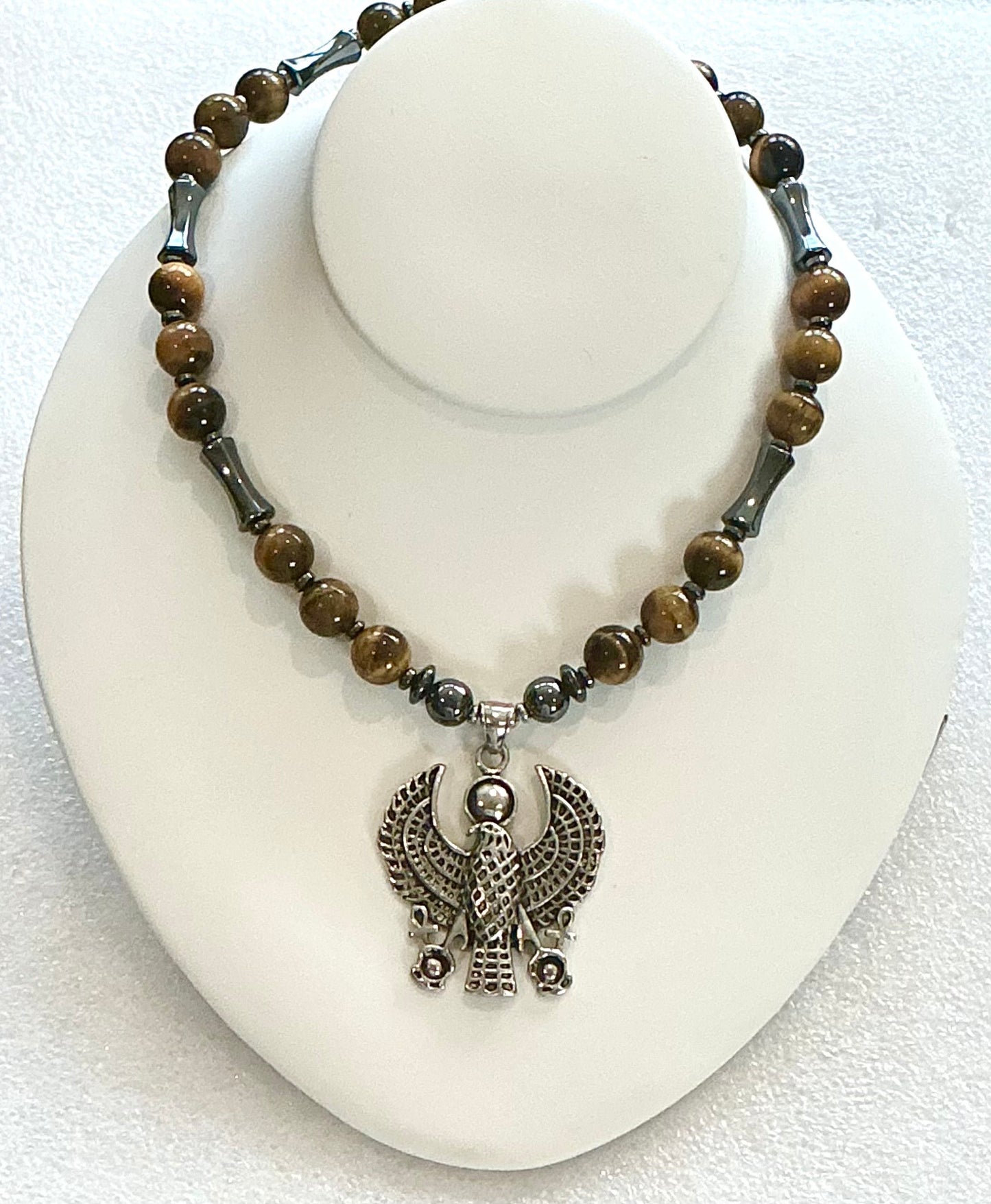 Heru Falcon Necklace with Tiger’s Eye & Hematite — Strength, Protection & Grounded Power