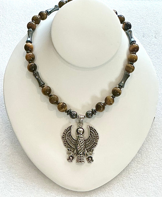 Heru Falcon Necklace with Tiger’s Eye & Hematite — Strength, Protection & Grounded Power