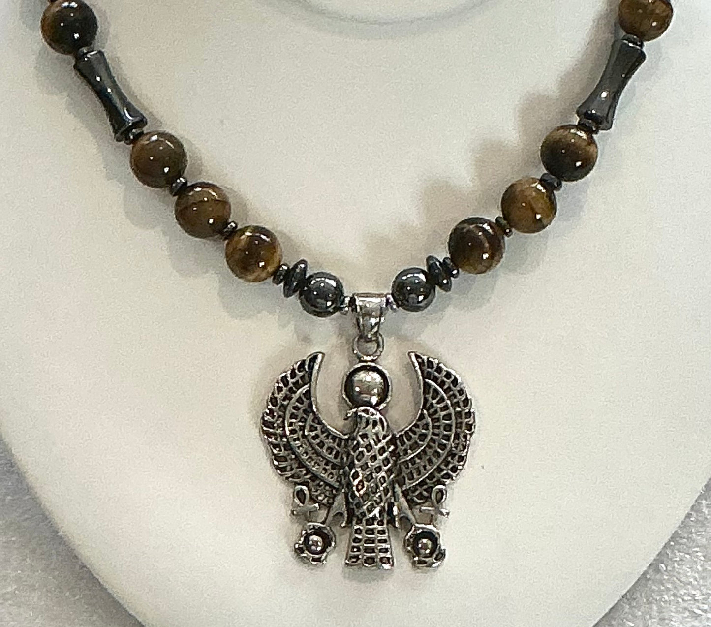 Heru Falcon Necklace with Tiger’s Eye & Hematite — Strength, Protection & Grounded Power