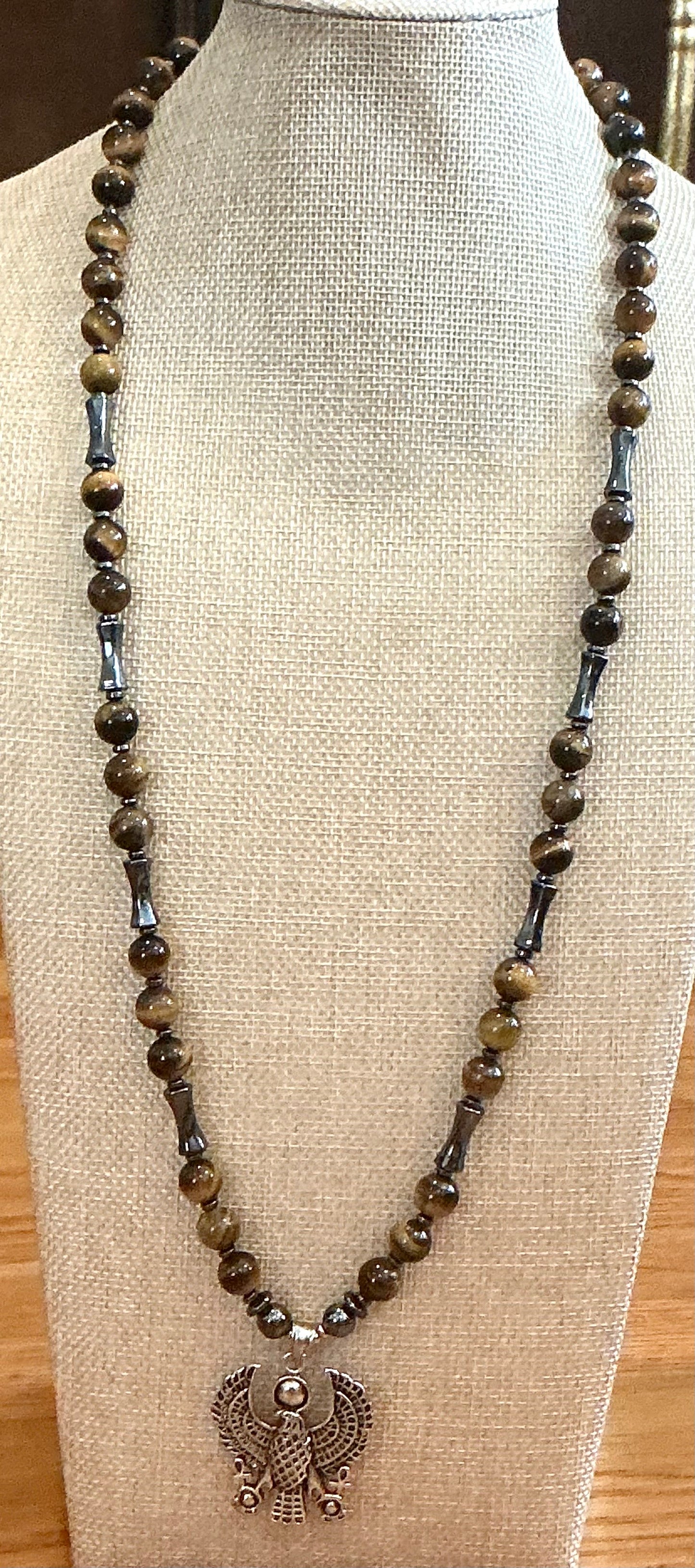 Heru Falcon Necklace with Tiger’s Eye & Hematite — Strength, Protection & Grounded Power