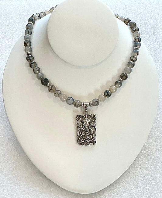 Spider Web Agate Necklace With Ganesh Pendant