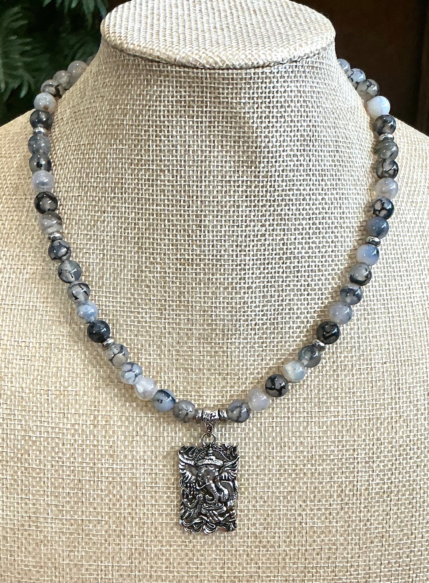 Spider Web Agate Necklace With Ganesh Pendant