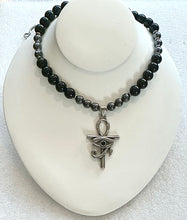 Obsidian & Hematite Beaded Necklace with Ankh + Eye of Ra Pendant – Handmade Protection Jewelry