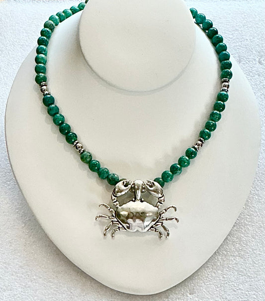 Chrysocolla Beaded Necklace with Cancer Crab Pendant