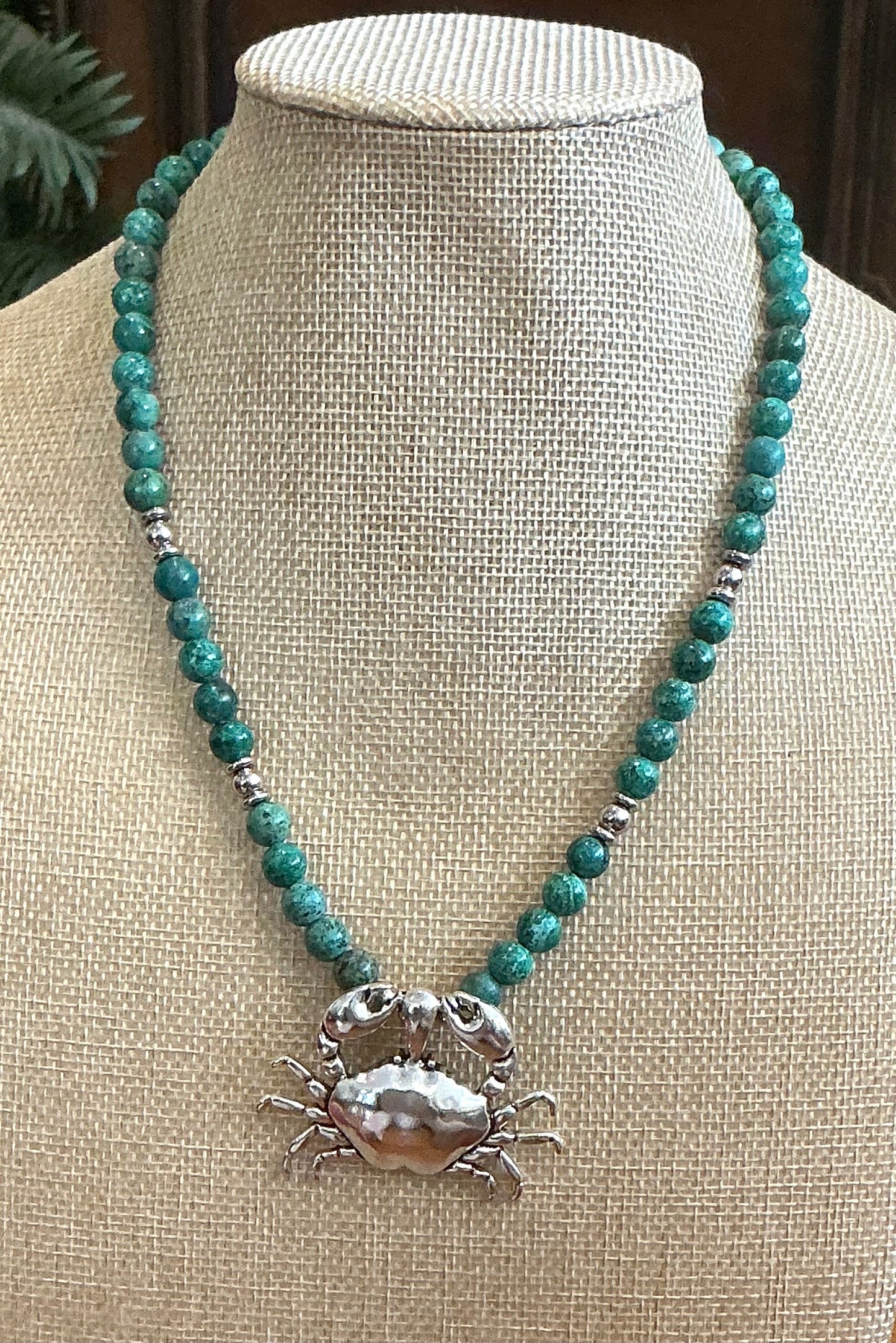 Chrysocolla Beaded Necklace with Cancer Crab Pendant