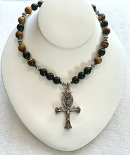 Handmade Tiger's Eye, Obsidian & Hematite Necklace with Ankh Pendant
