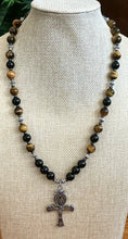 Handmade Tiger's Eye, Obsidian & Hematite Necklace with Ankh Pendant