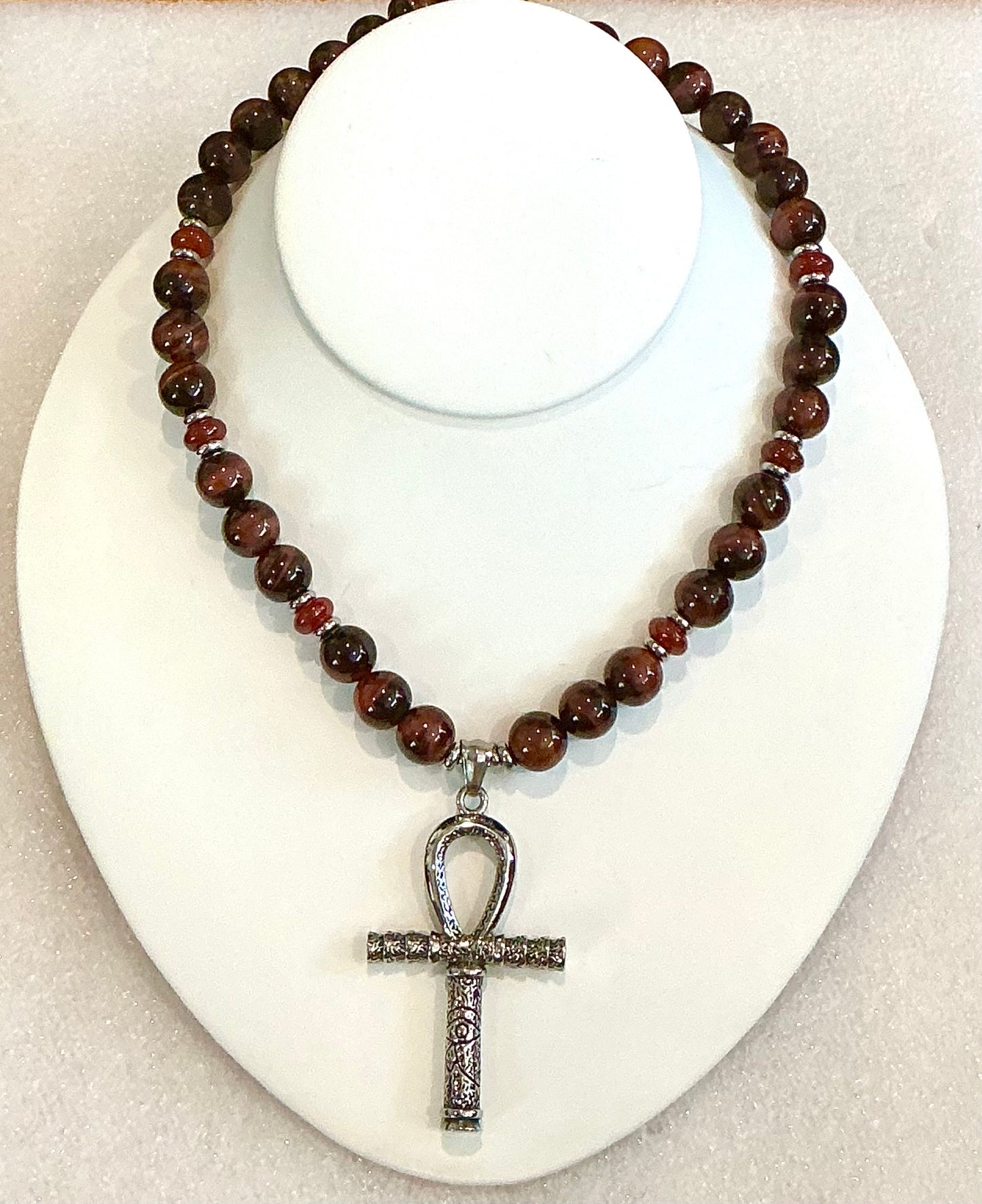 Red Tiger’s Eye & Carnelian Beaded Necklace with Ankh Pendant – Handmade Power & Passion Jewelry