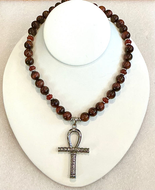Red Tiger’s Eye & Carnelian Beaded Necklace with Ankh Pendant – Handmade Power & Passion Jewelry