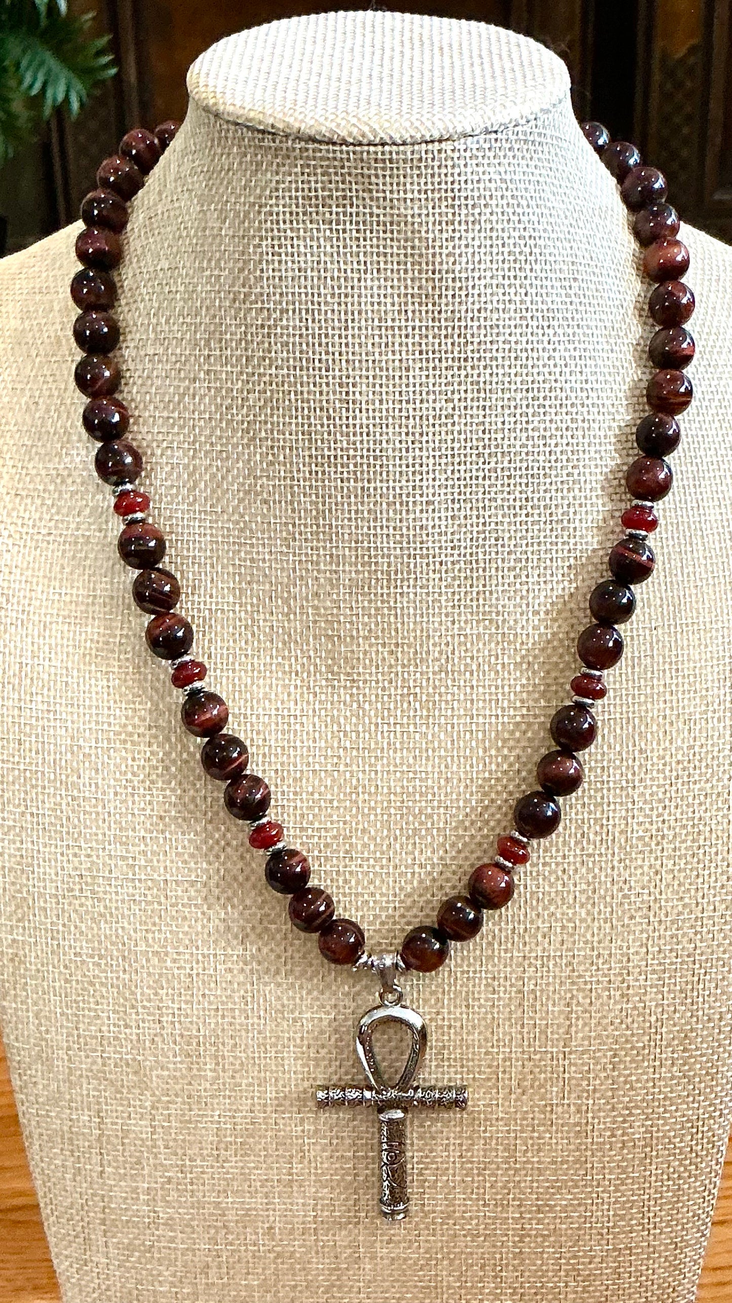 Red Tiger’s Eye & Carnelian Beaded Necklace with Ankh Pendant – Handmade Power & Passion Jewelry