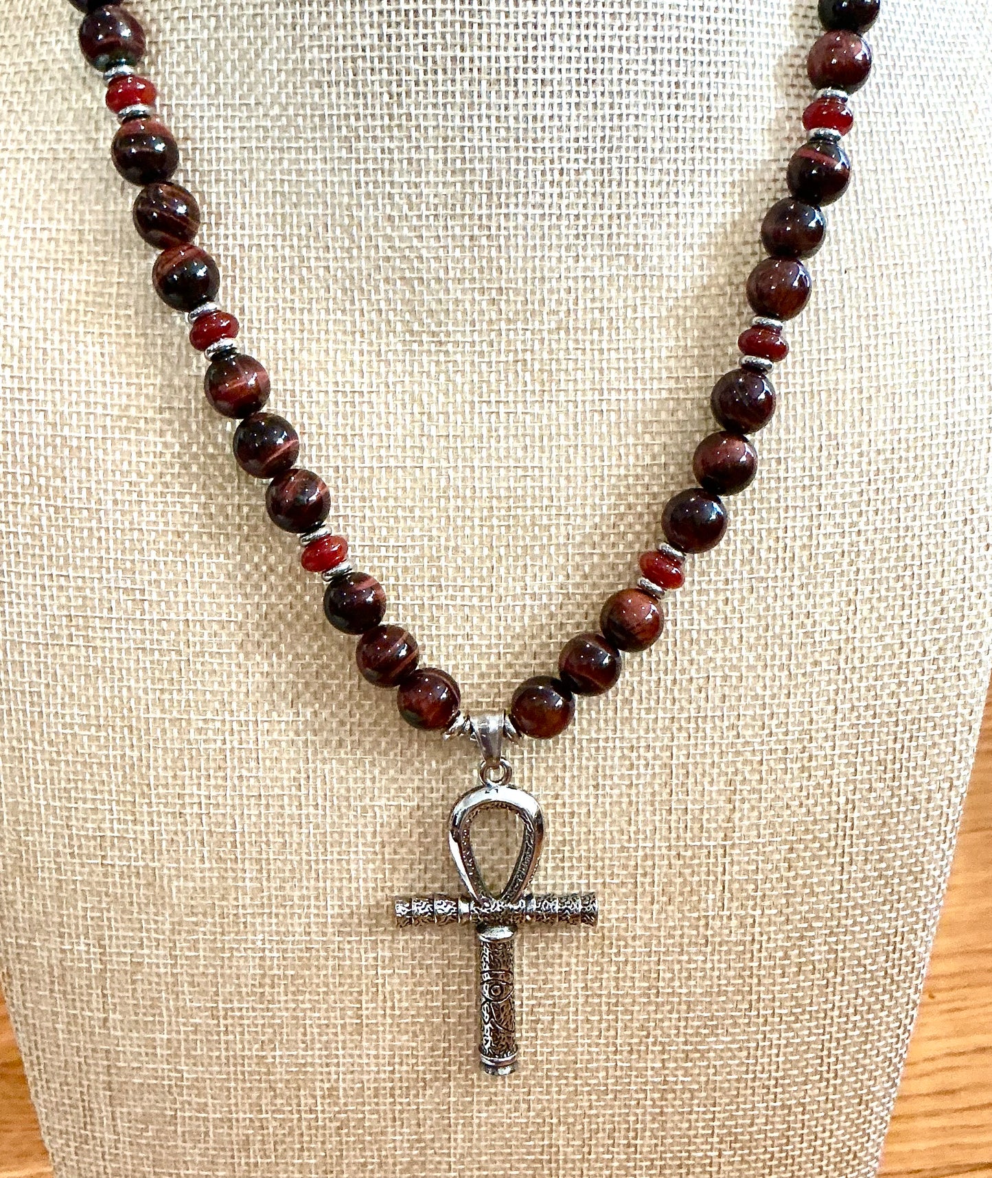 Red Tiger’s Eye & Carnelian Beaded Necklace with Ankh Pendant – Handmade Power & Passion Jewelry