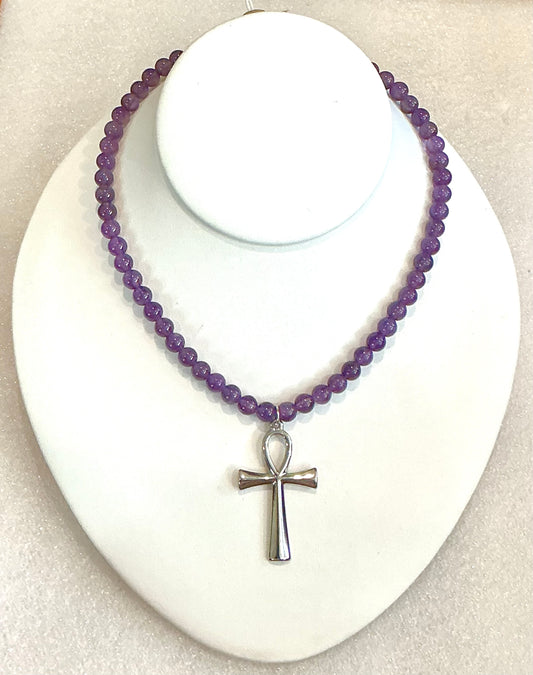 Amethyst Beaded Necklace with Ankh Pendant – Handmade Spiritual Protection & Intuition Jewelry