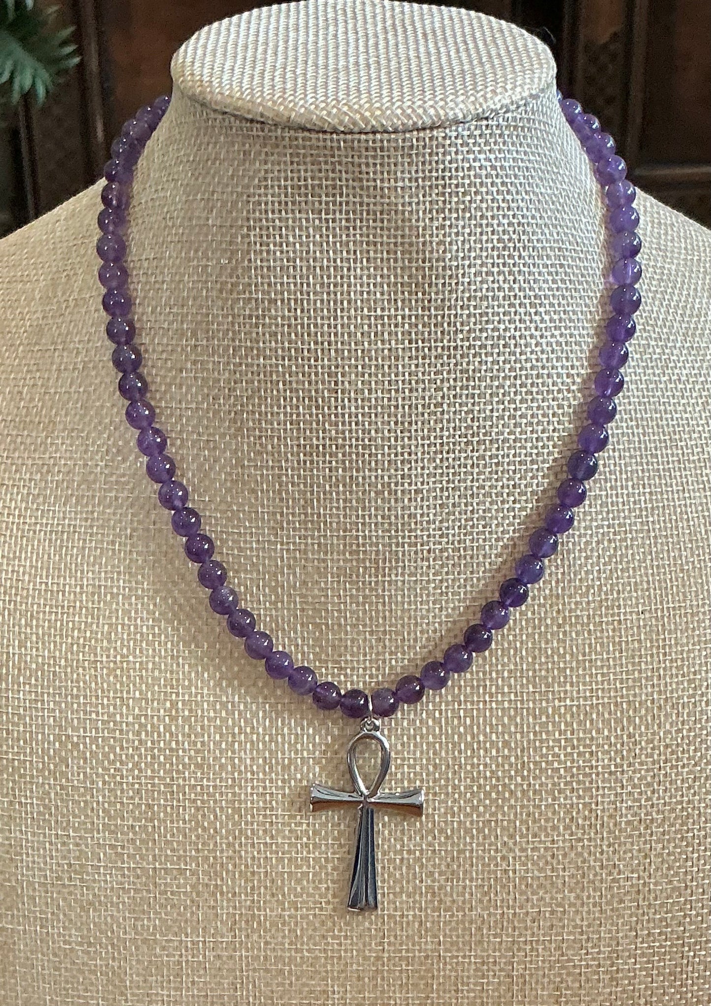 Amethyst Beaded Necklace with Ankh Pendant – Handmade Spiritual Protection & Intuition Jewelry
