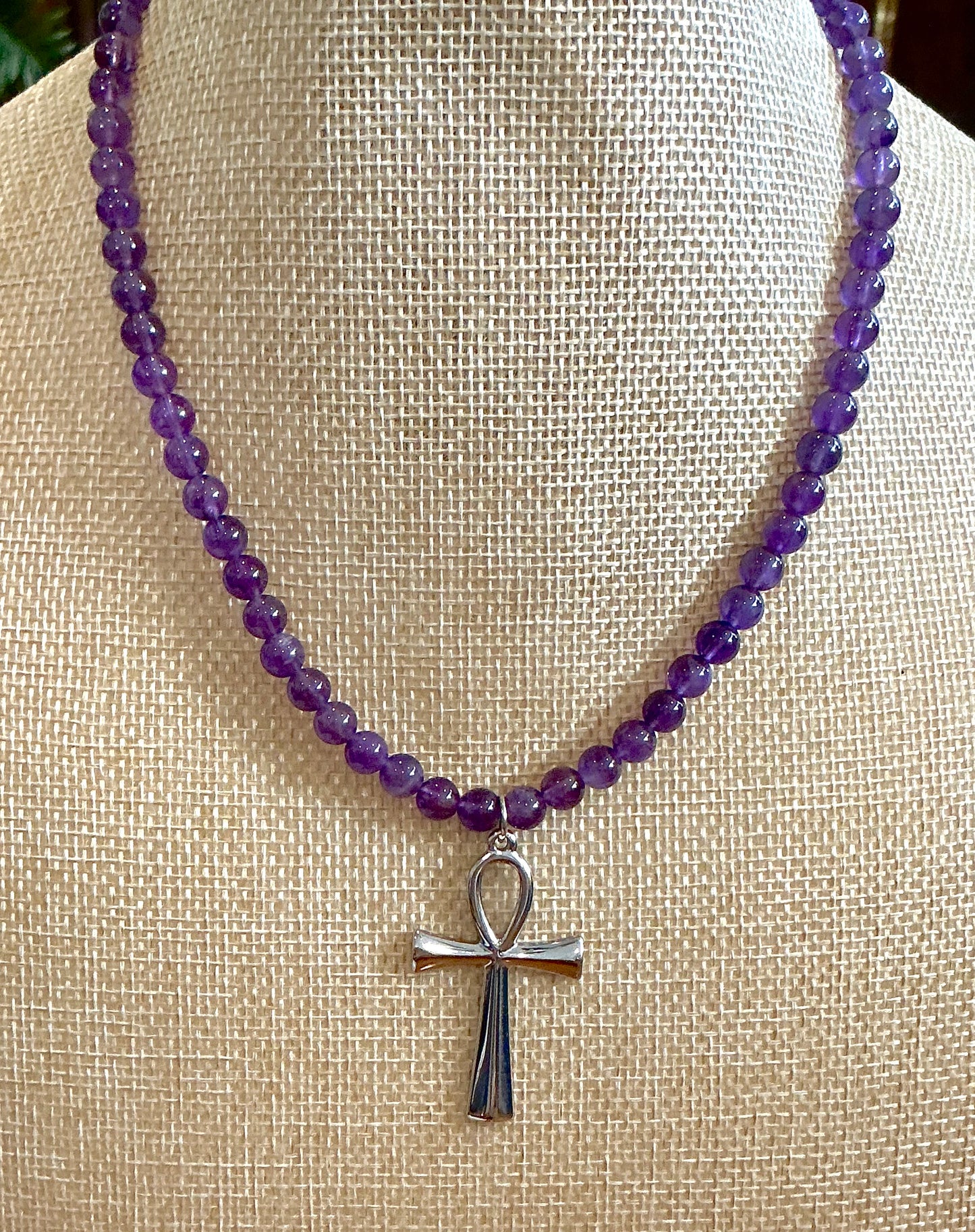 Amethyst Beaded Necklace with Ankh Pendant – Handmade Spiritual Protection & Intuition Jewelry