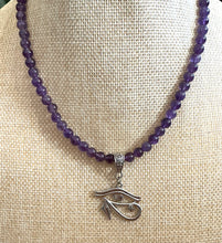 Amethyst Beaded Necklace with Eye of Heru Pendant – Handmade Spiritual Protection & Intuition Jewelry